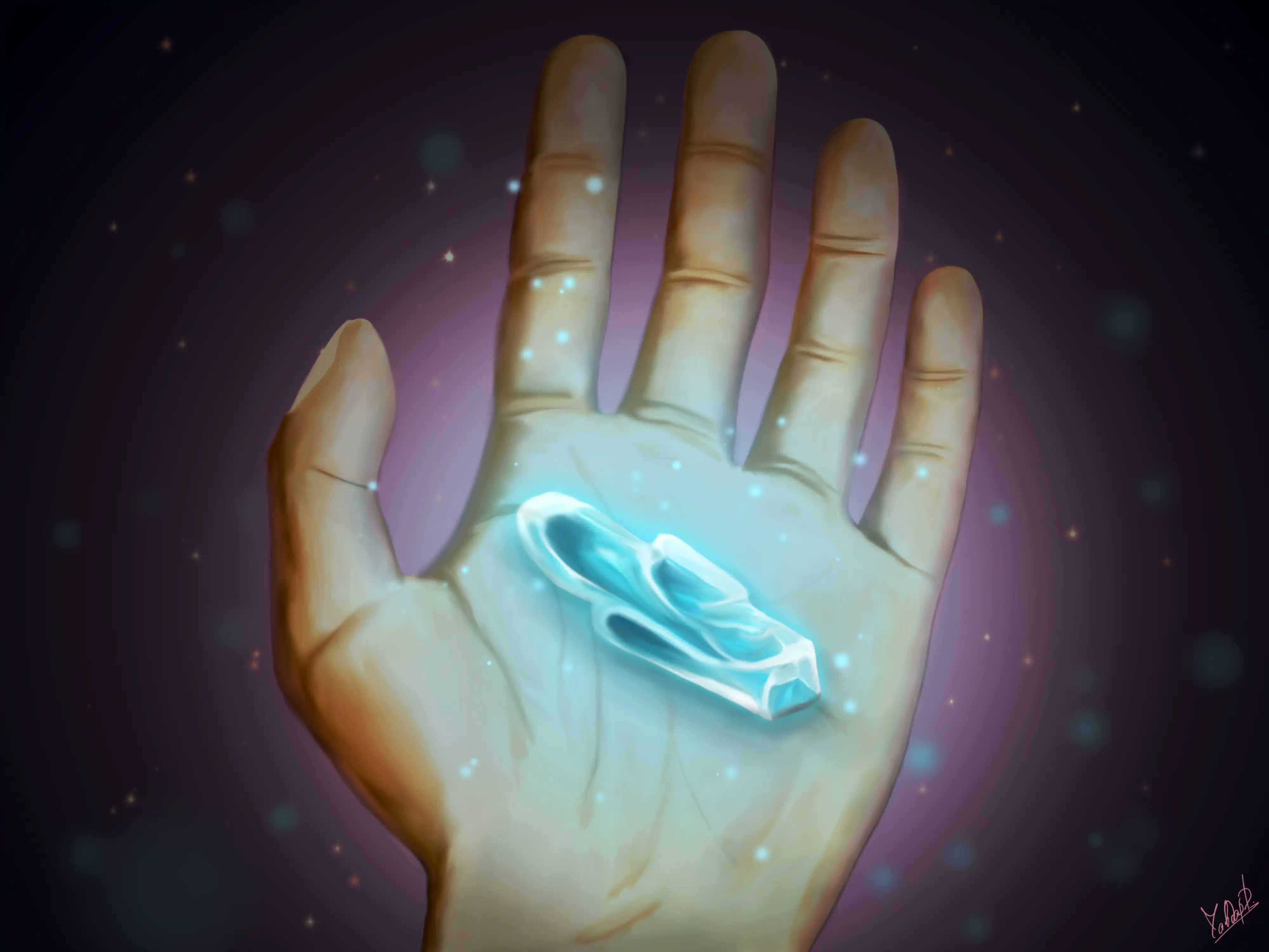 Drawing of a hand holding a shiny crystal