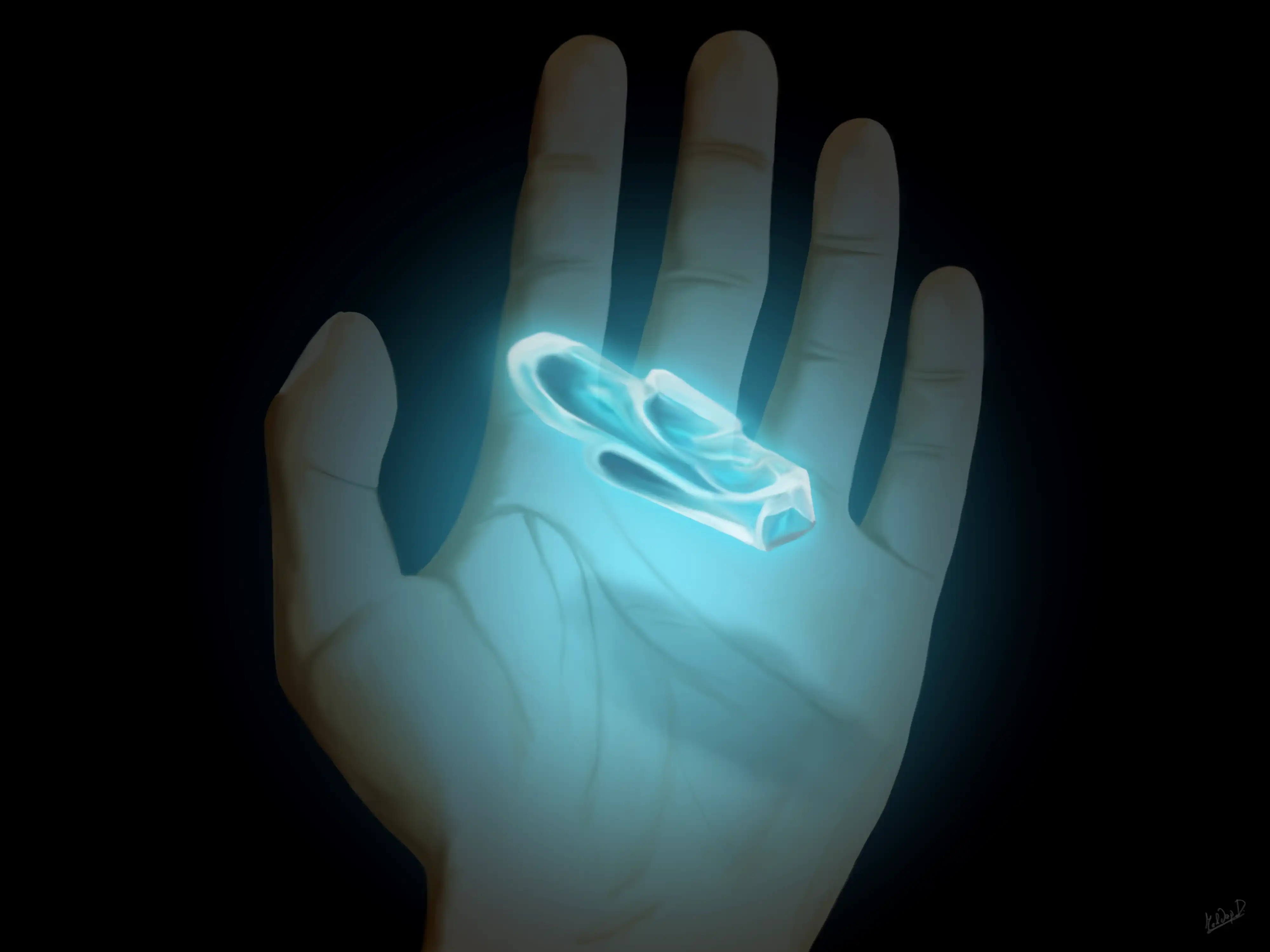 Drawing of a hand and a levitating shiny crystal