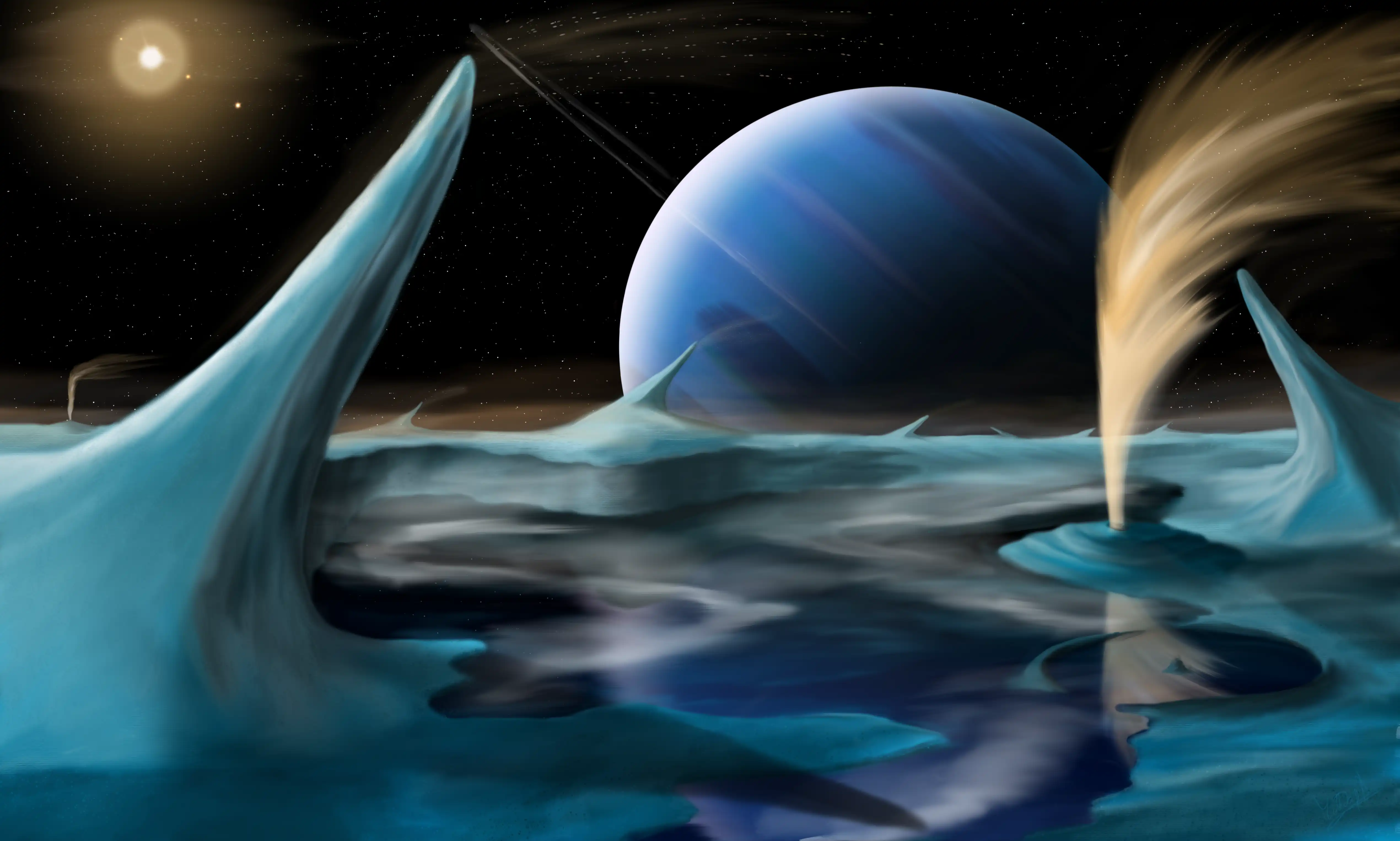 Drawing of Neptune as seen from Triton (orange version)