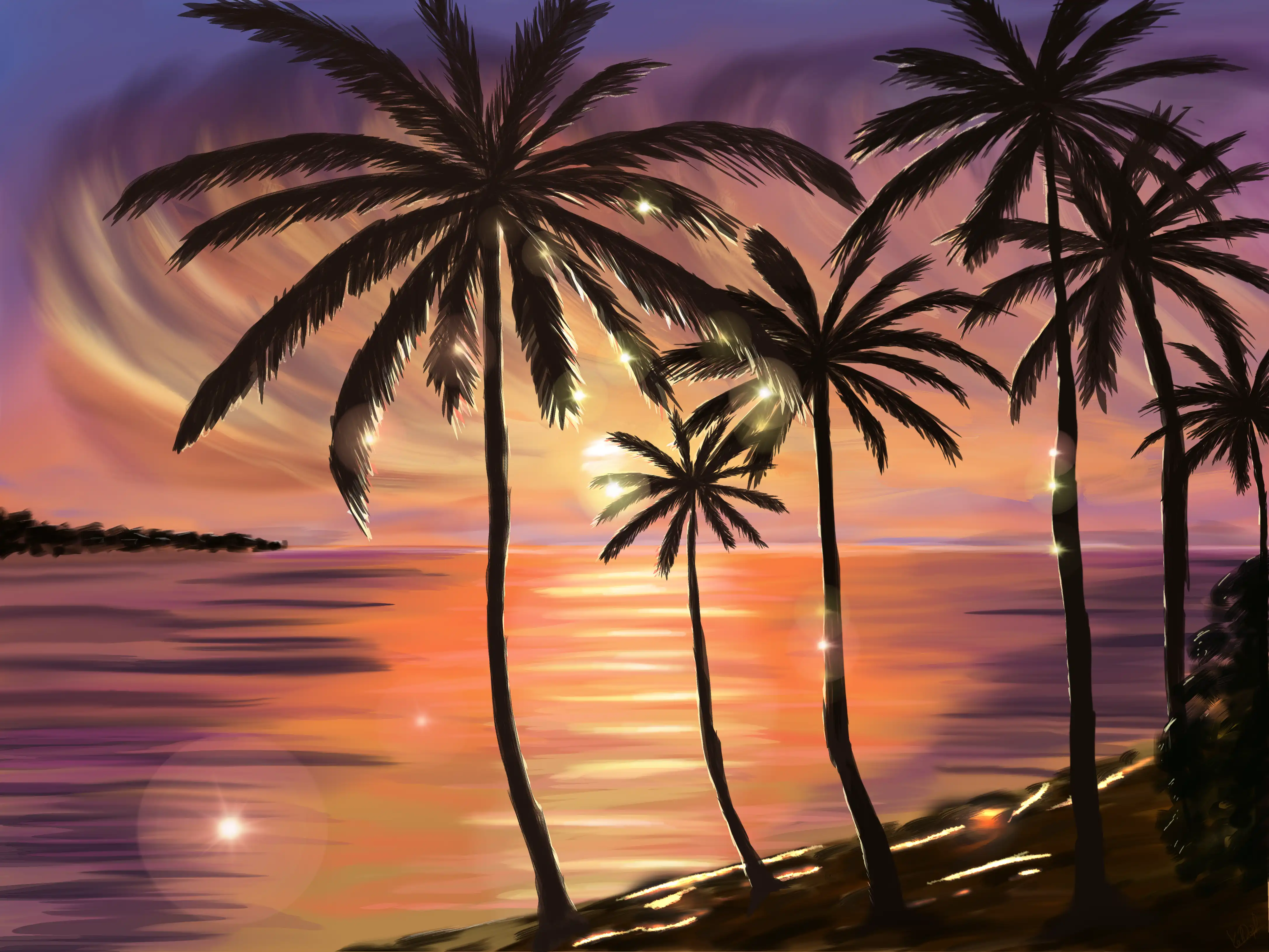 Drawing of palms on the beach during sunrise
